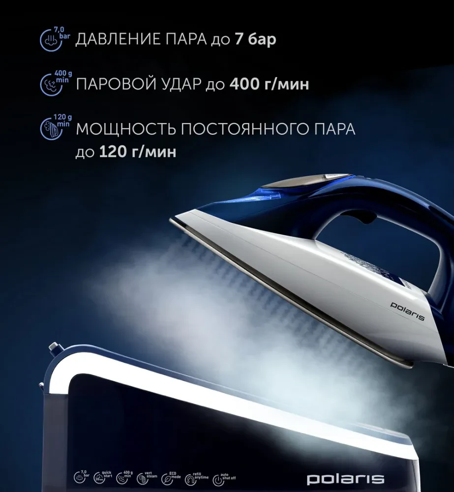 Утюг с парогенератором Polaris PSS6501K, 3000Вт, Белый Синий