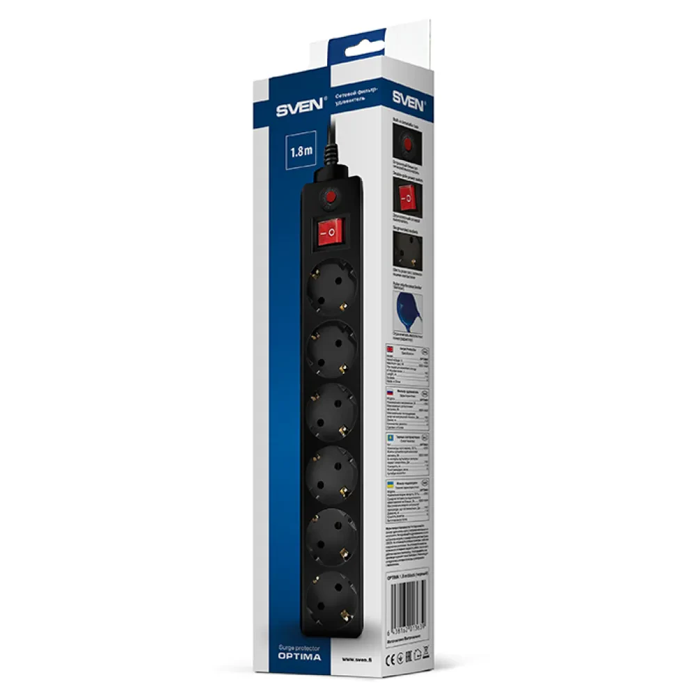 Prelungitor electric SVEN Optima, 6 Prize, 1,8m, Negru