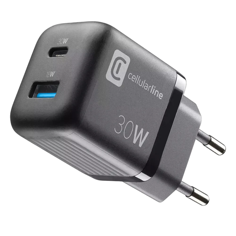 Зарядное устройство Cellularline Wall Charger GAN, 2 Ports, 30W, 30Вт, Чёрный