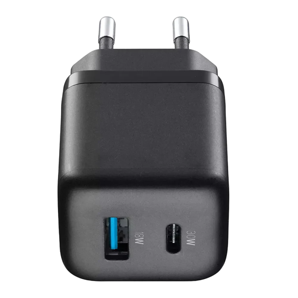 Зарядное устройство Cellularline Wall Charger GAN, 2 Ports, 30W, 30Вт, Чёрный