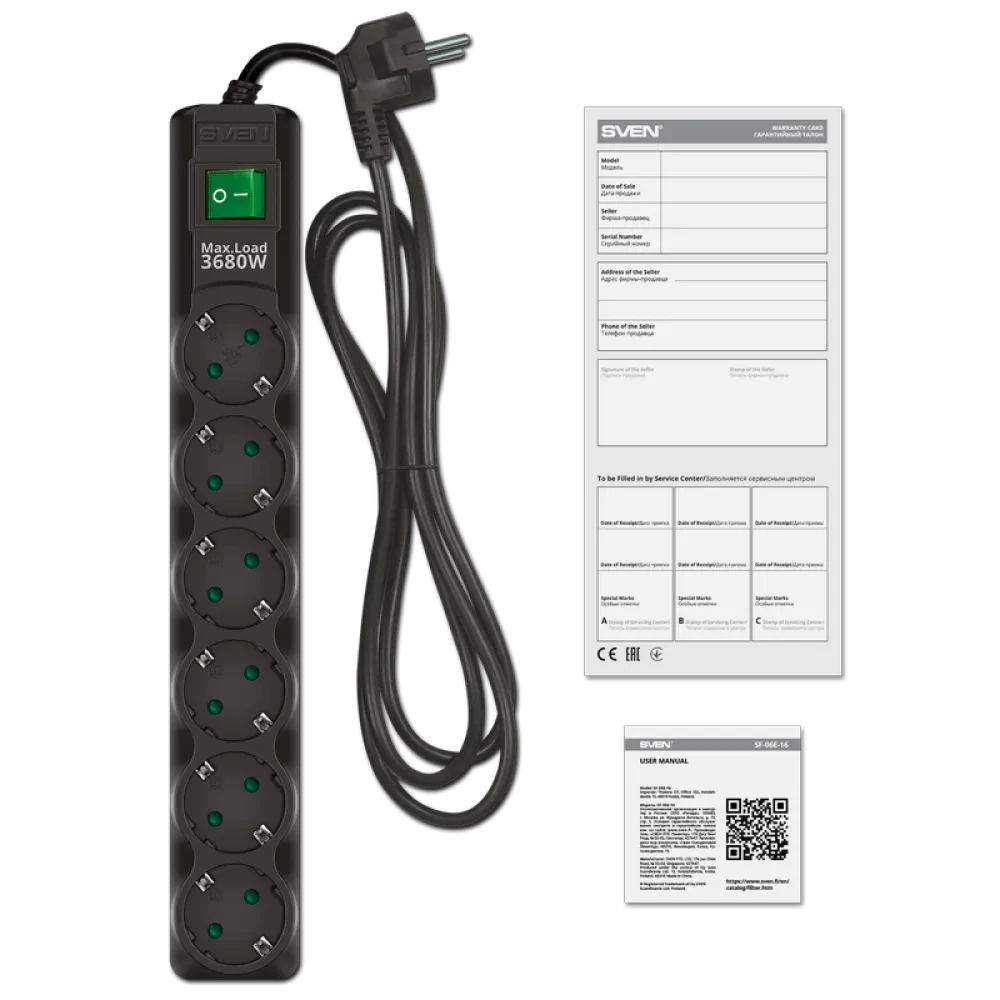 Prelungitor electric SVEN SF-06E-16, 6 Prize, 5m, Negru