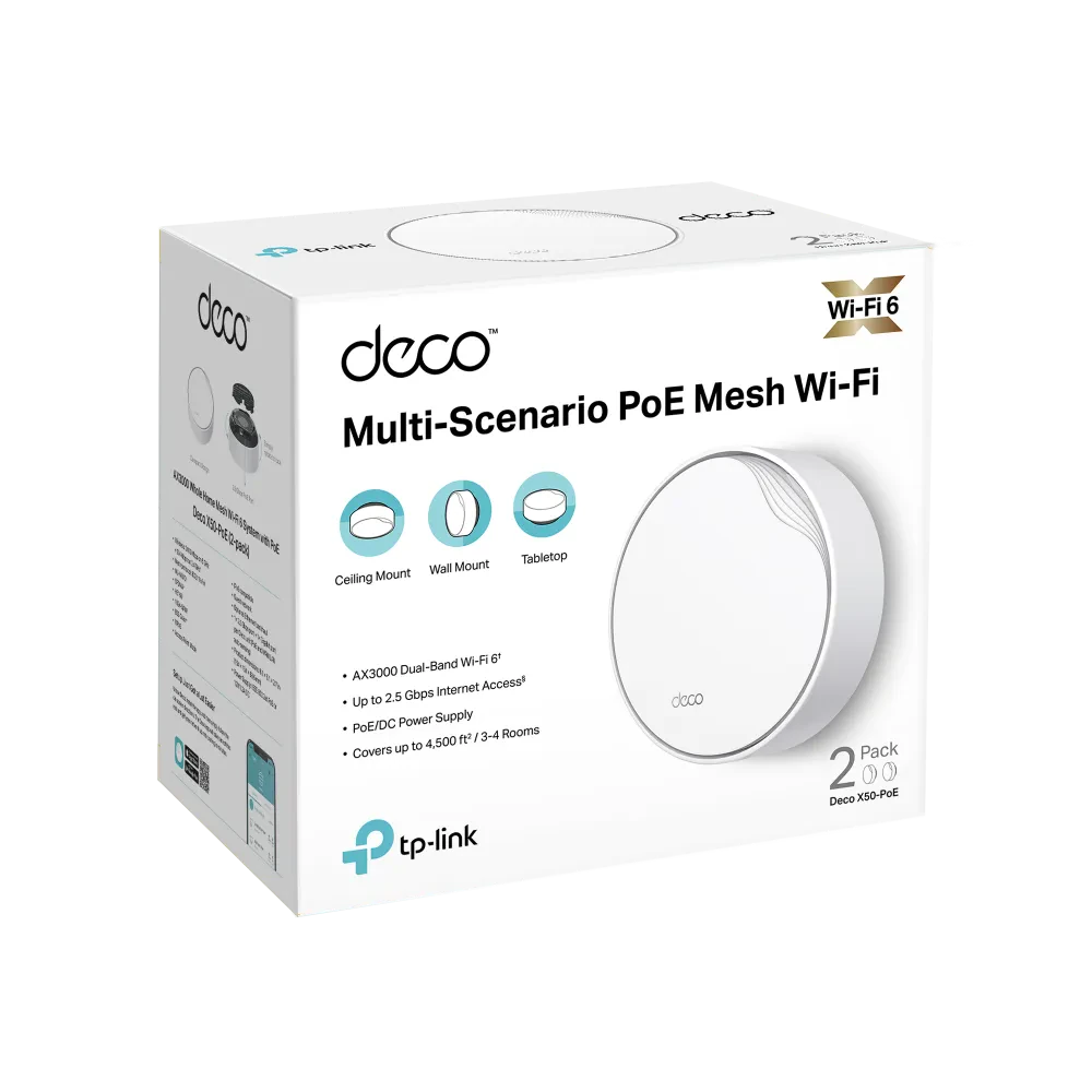 Whole-Home Mesh Dual Band Wi-Fi 6 System TP-LINK, "Deco X50-PoE(2-pack)", 3000Mbps, MU-MIMO, 2.5Gbps
