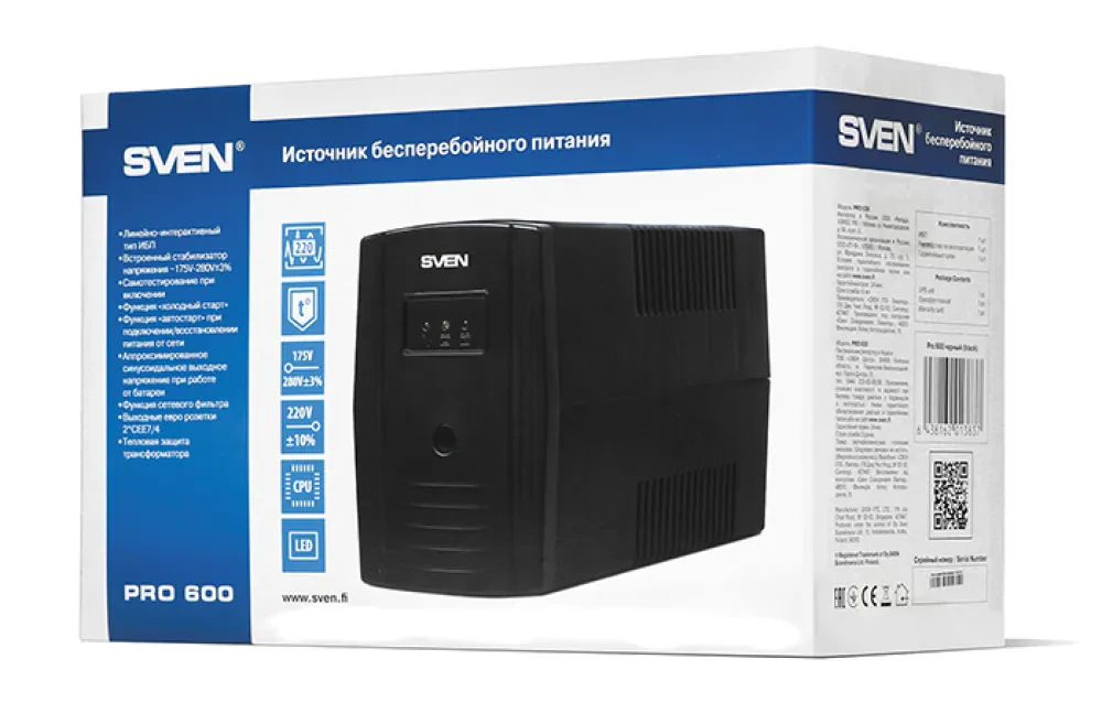 Источник бесперебойного питания SVEN Pro  600, Линейно-интерактивный, 600VA, Башня