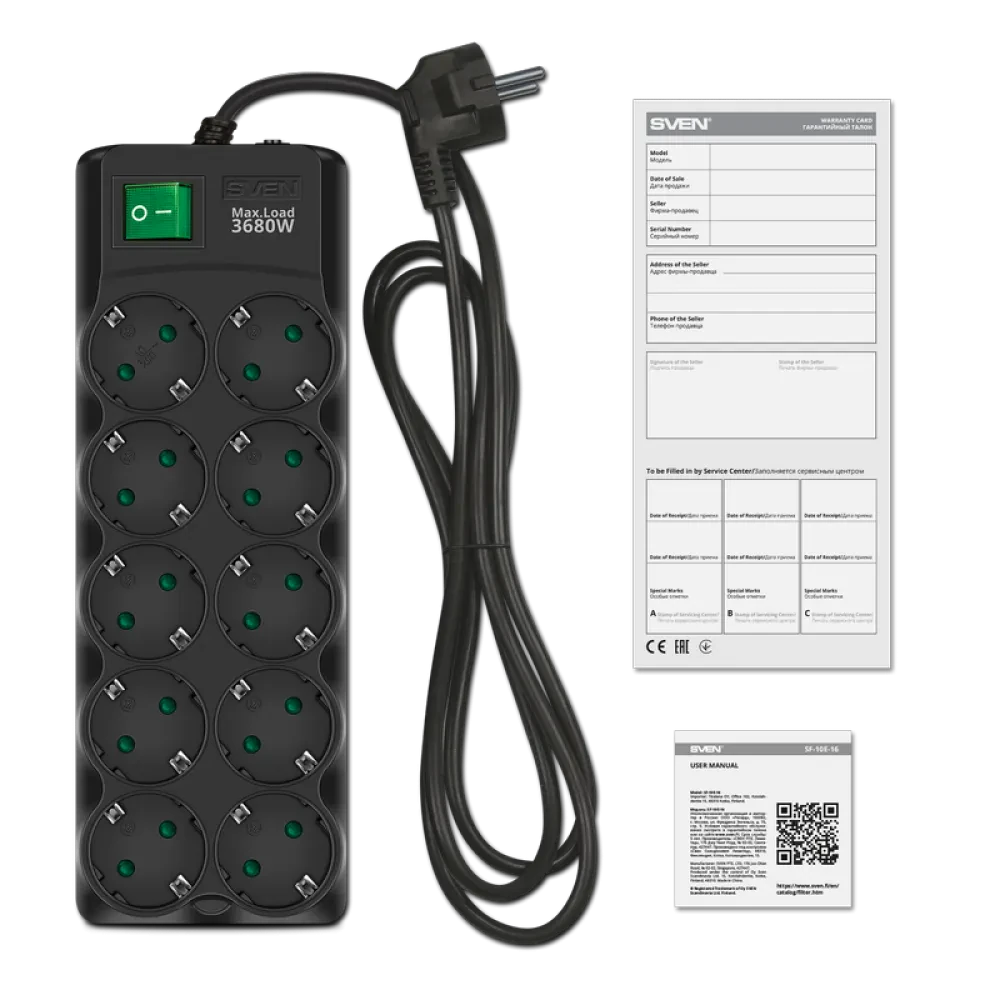 Prelungitor electric SVEN SF-10E-16, 10 Prize, 5m, Negru