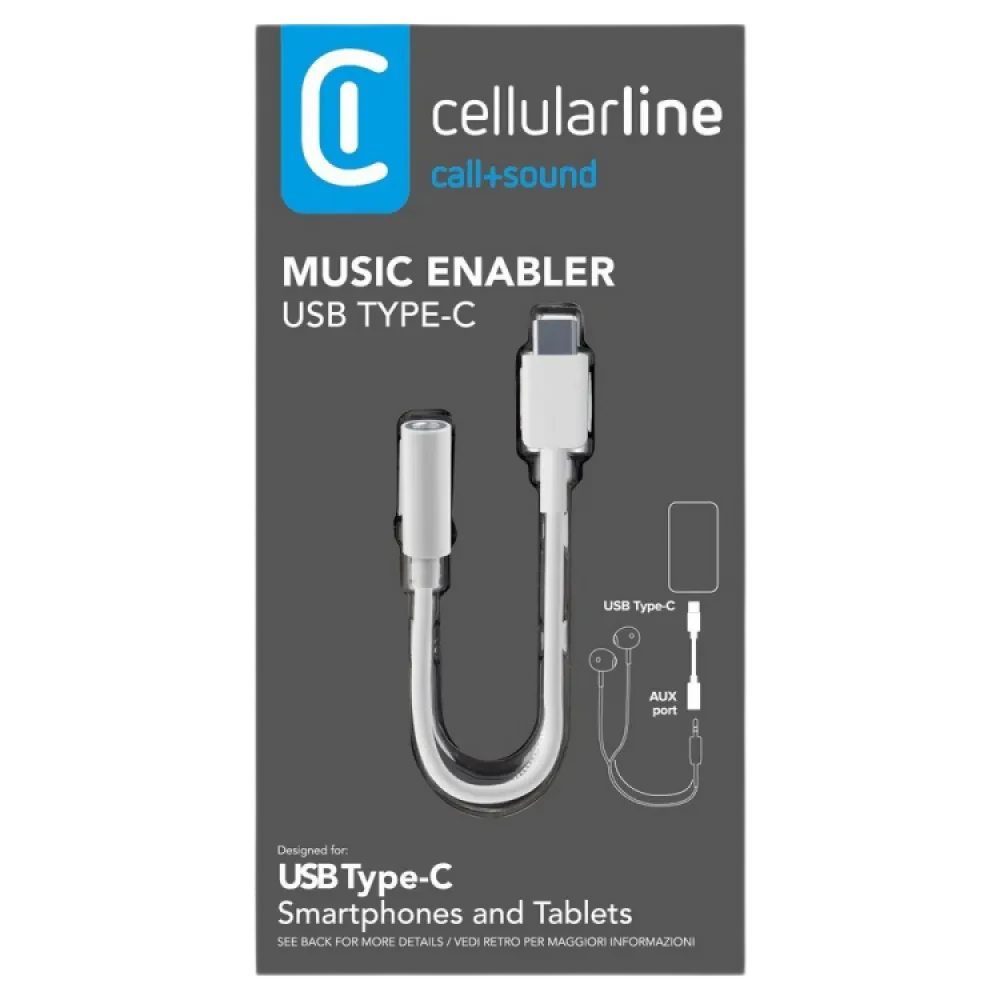 Audio Adaptor Cellularline Music Enabler Type-C, 3.5 mm/USB Type-C, 0,15m, Alb
