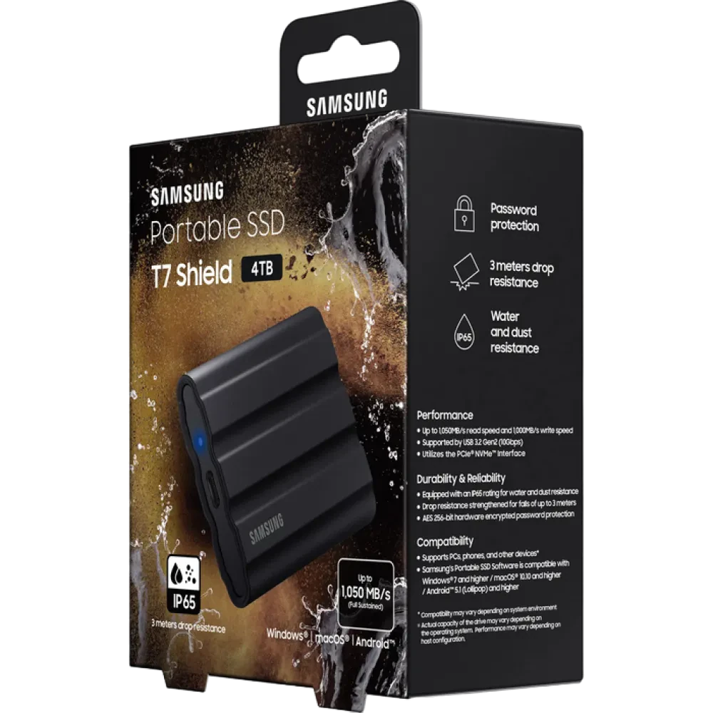 SSD portabil extern Samsung Portable SSD T7 Shield, 4 TB, Negru (MU-PE4T0S/WW)