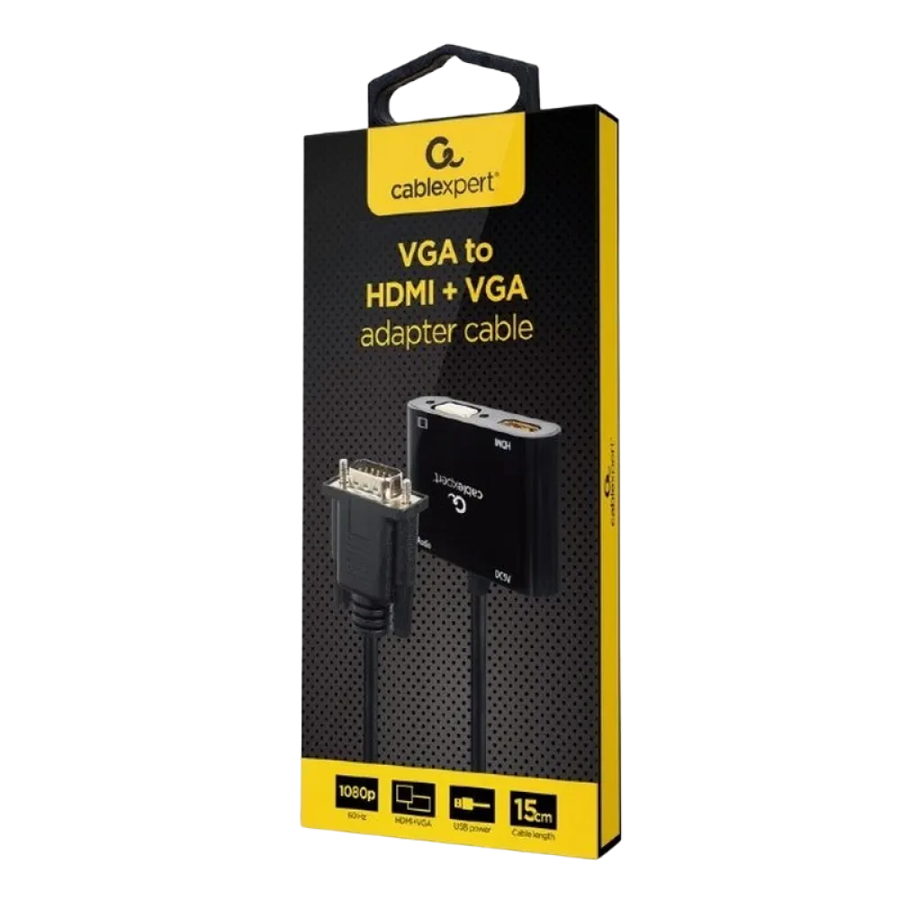 Переходник Cablexpert A-VGA-HDMI-02, VGA D-Sub (M) - HDMI (F) + VGA, 0.15 м, Чёрный