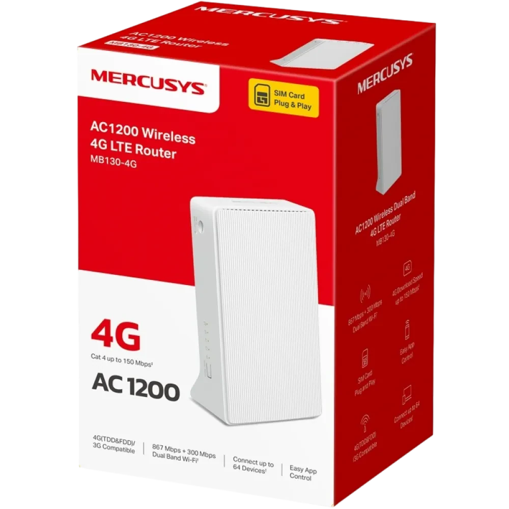 Беспроводной маршрутизатор MERCUSYS MB130-4G, Wi-Fi + 4G LTE, Белый