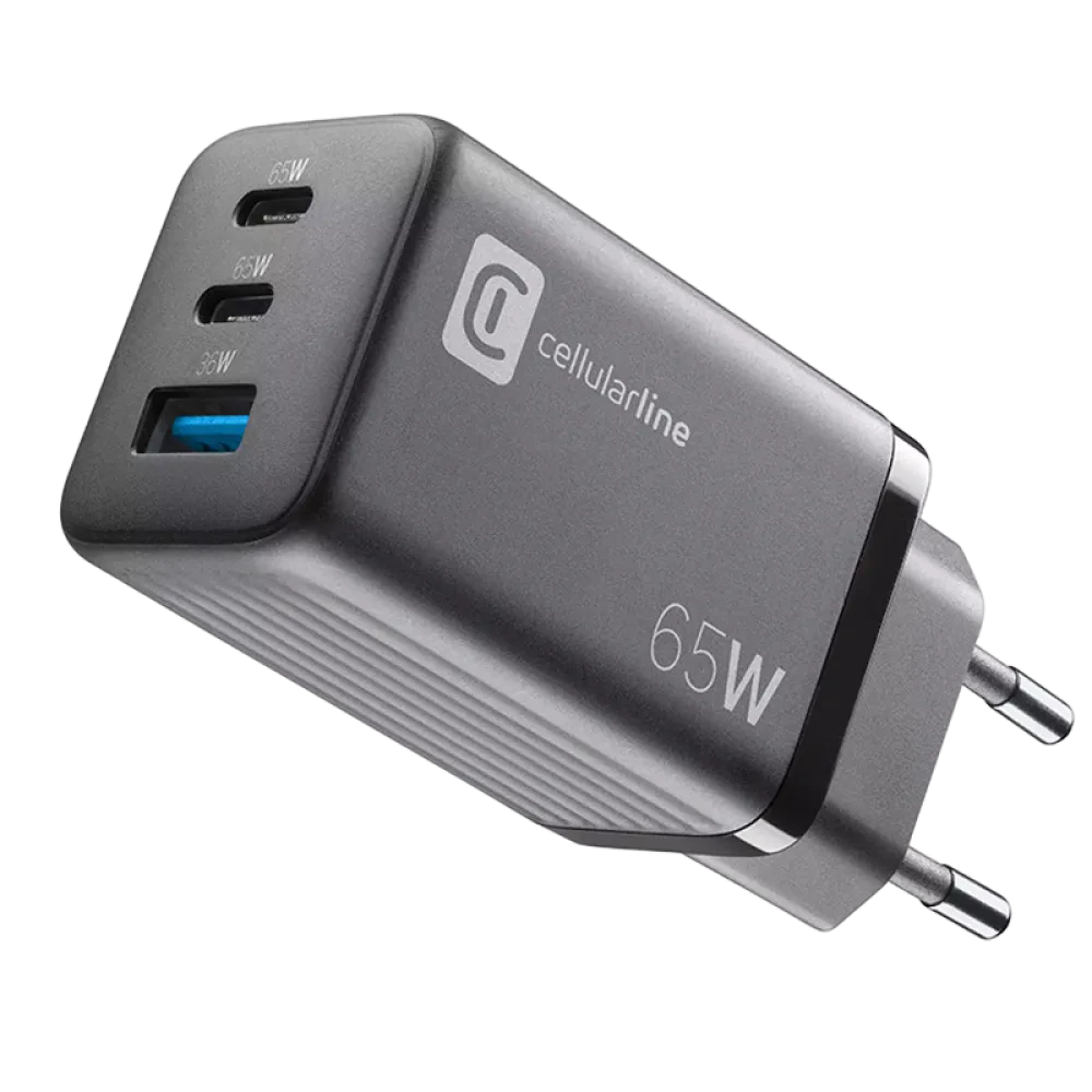 Зарядное устройство Cellularline Wall Charger GAN, 3 Ports, 65Вт, Чёрный