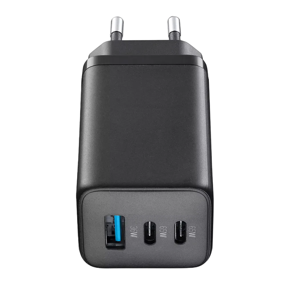 Зарядное устройство Cellularline Wall Charger GAN, 3 Ports, 65Вт, Чёрный