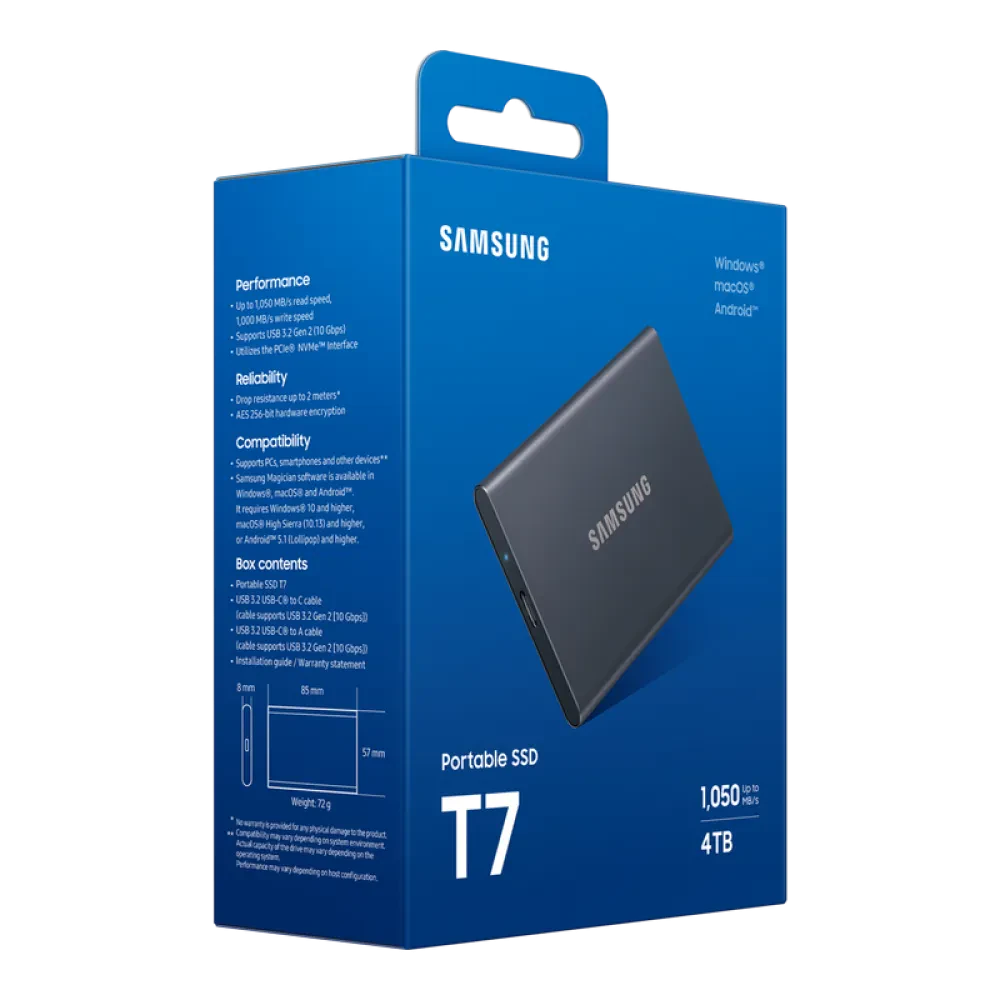 SSD portabil extern Samsung T7, 4 TB, Titan Gray (MU-PC4T0T/WW)