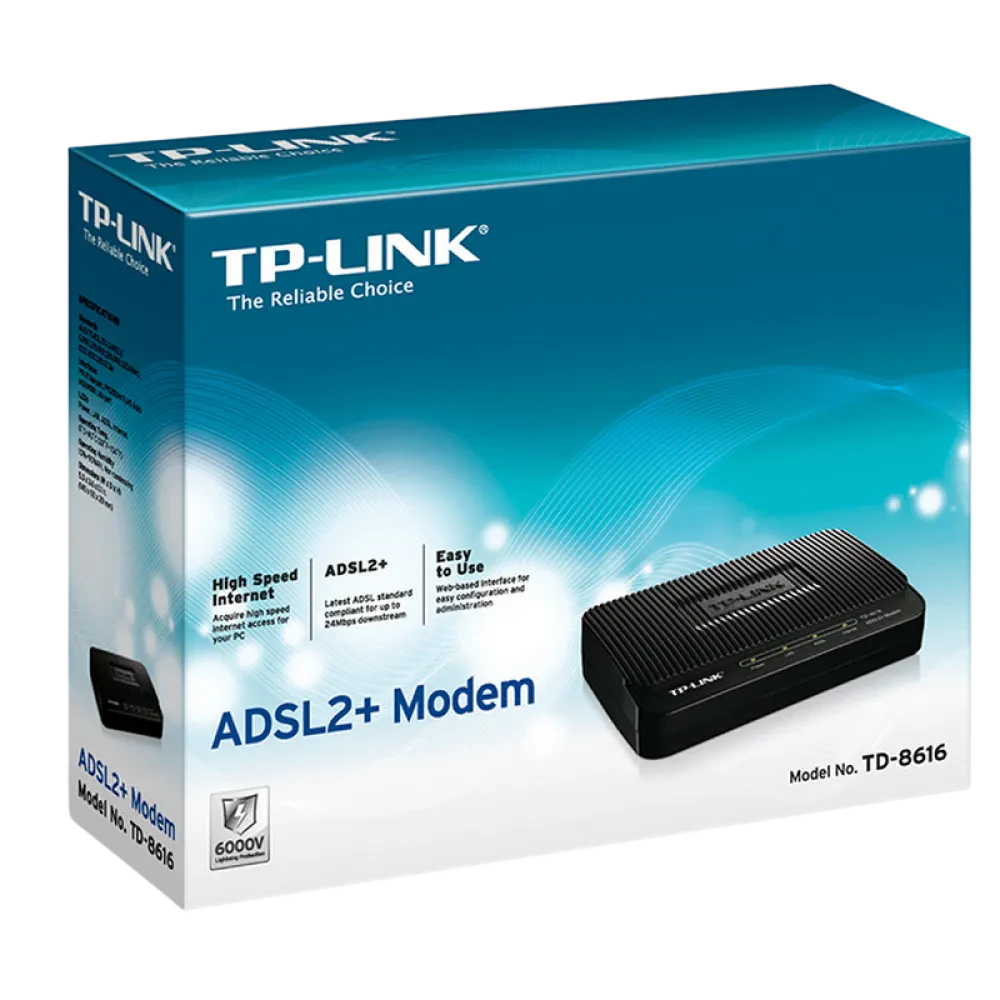 ADSL Модем TP-LINK TD-8616, ADSL/ADSL2/ADSL2 + до 24 Мбит/с, Чёрный