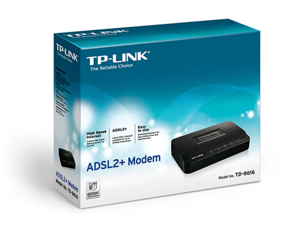 ADSL Модем TP-LINK TD-8616, ADSL/ADSL2/ADSL2 + до 24 Мбит/с, Чёрный