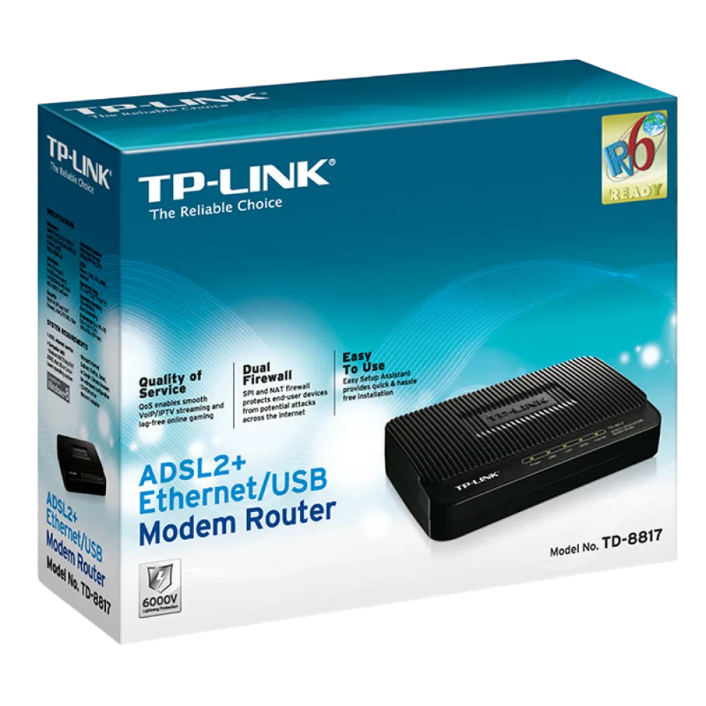 Modem ADSL TP-LINK TD-8817, ADSL/ADSL2/ADSL2 + până la 24 Mbps, Negru