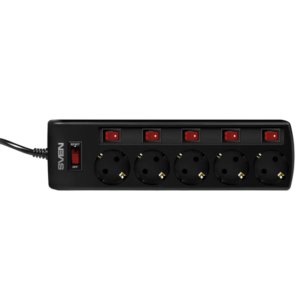 Сетевой фильтр SVEN SF-05PL, 5 Розеток, 3м, Чёрный