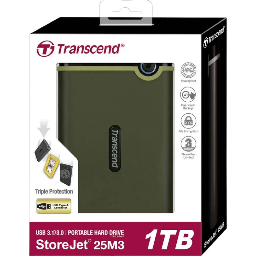 Внешний портативный жесткий диск Transcend StoreJet 25M3G, 1 ТБ, Military Green (TS1TSJ25M3G)