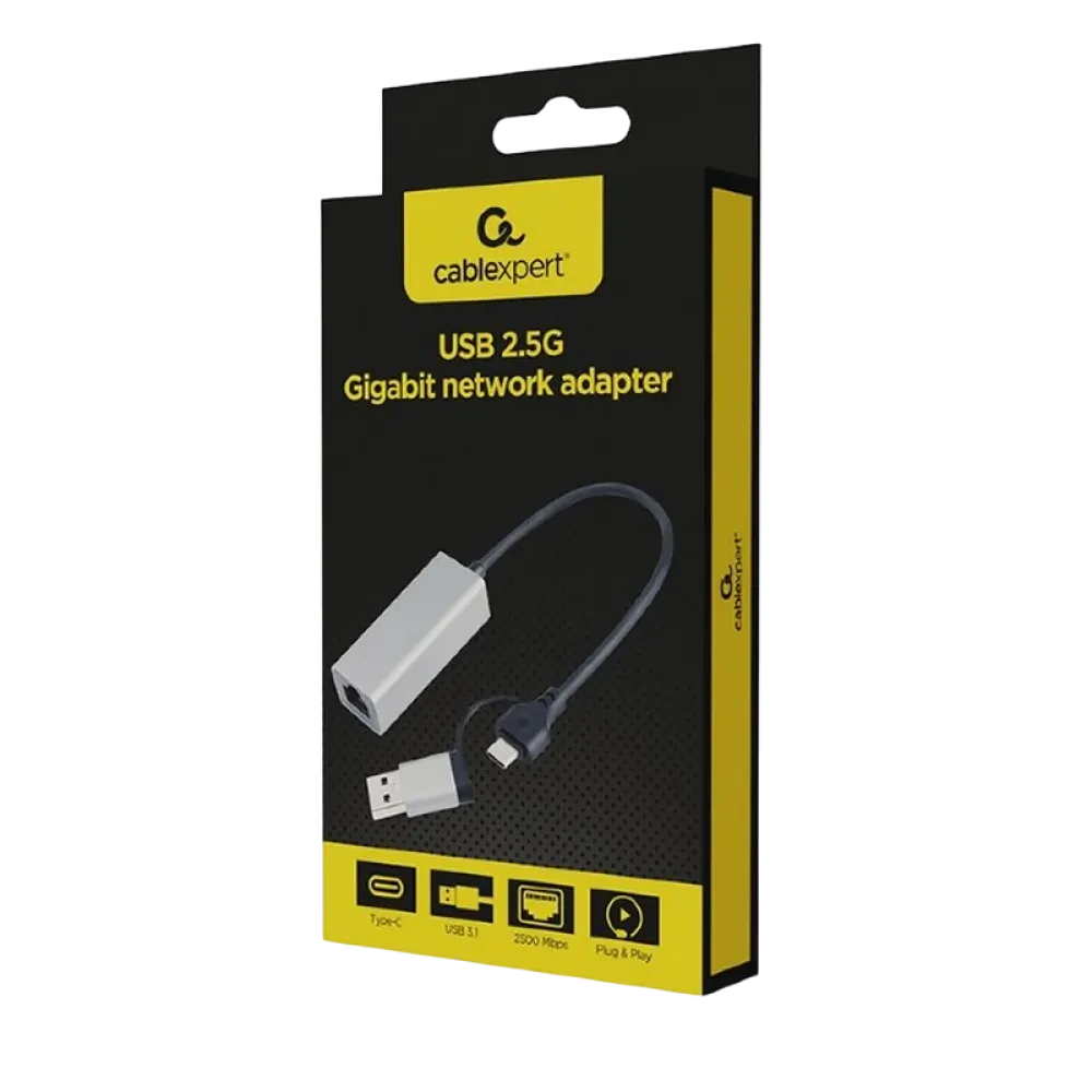 Adaptor de rețea Cablexpert A-USB3AC-LAN2G-01, USB Type-A (M) - USB Type-C (F), 0,15m, Gri