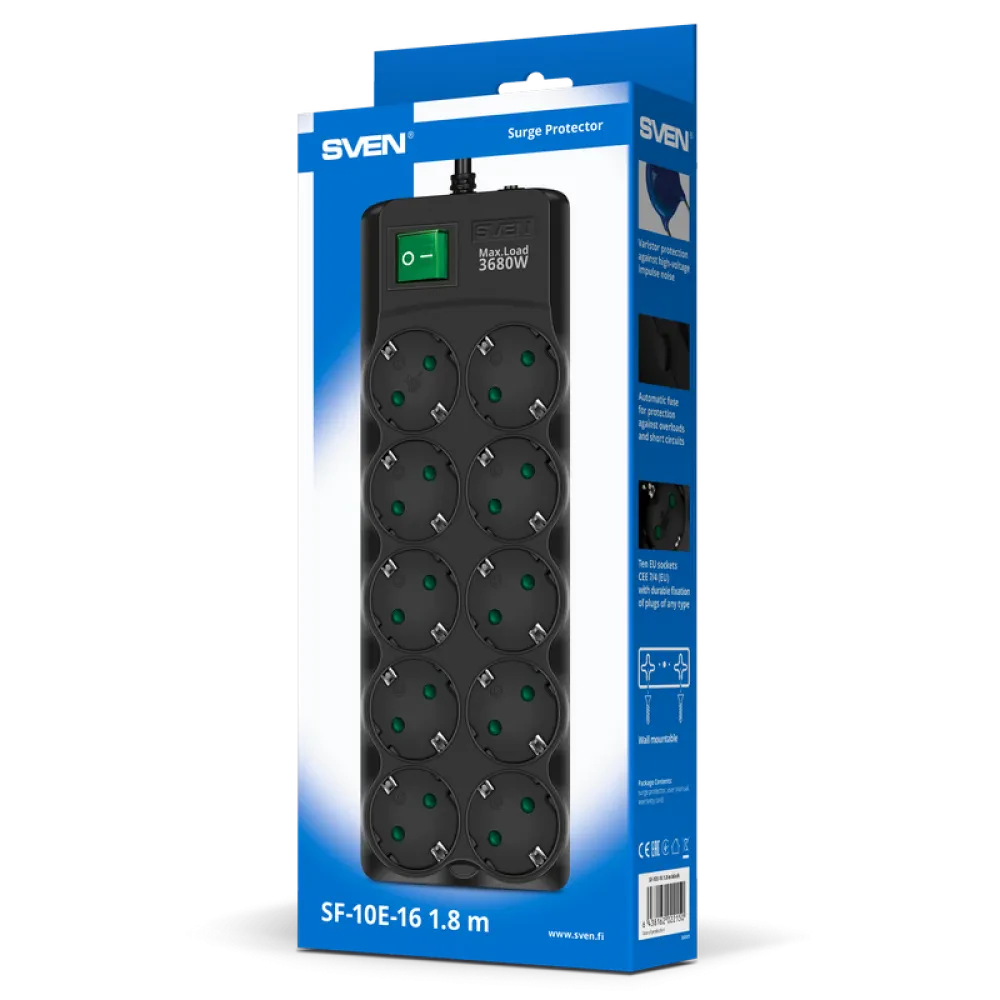 Prelungitor electric SVEN SF-10E-16, 10 Prize, 1,8m, Negru