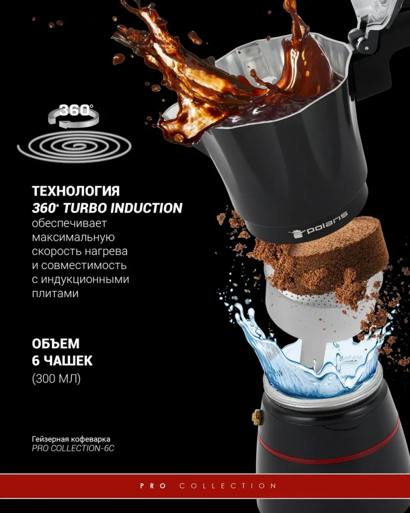 Гейзерная кофеварка Polaris PRO collection-6C, Чёрный